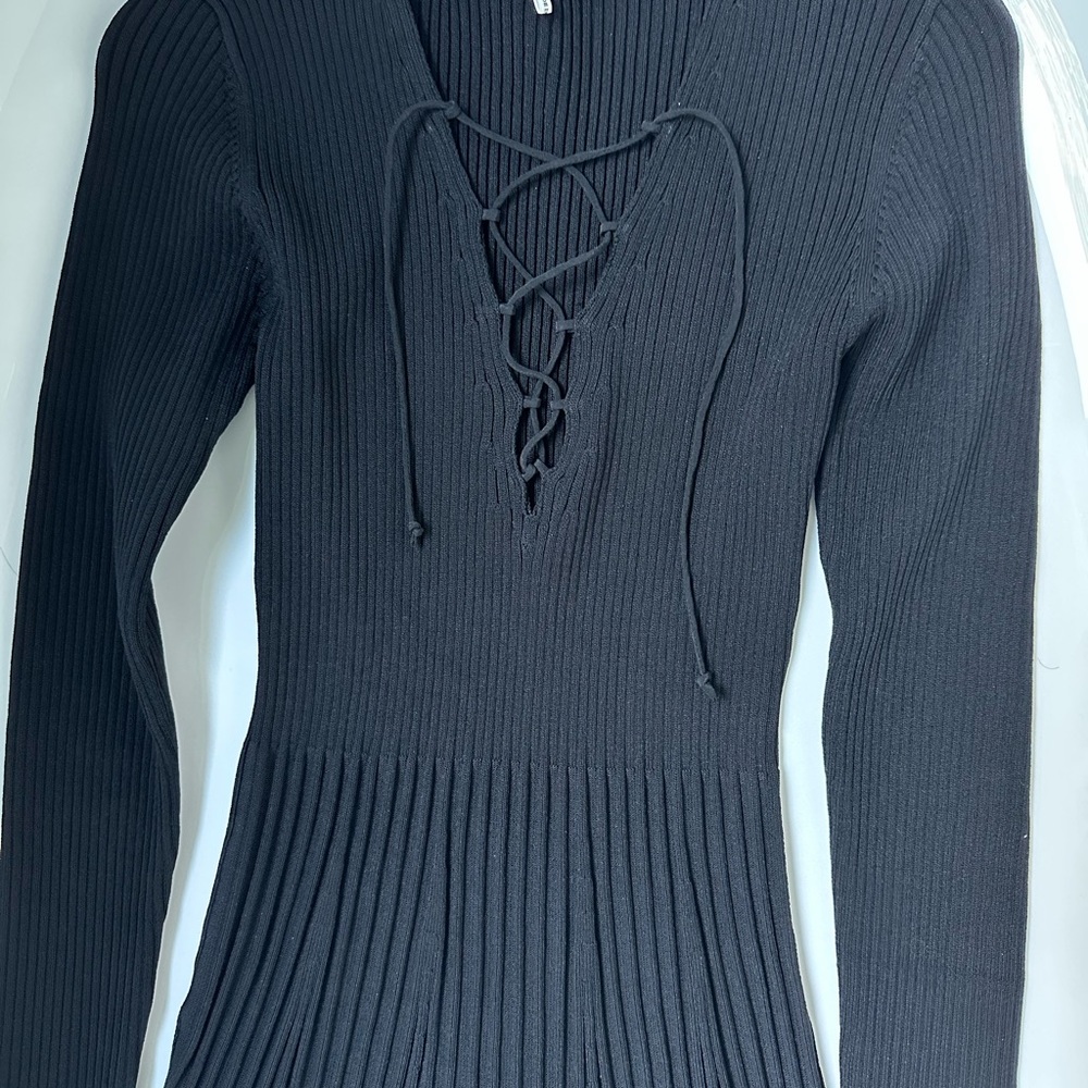 Sandro Black Ribbed Knit Dress with Lacing Detail - Picture 7 of 7